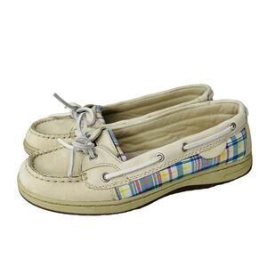 Easy Spirit Womens Ecru Plaid Nubuck Leather Boat Shoe 7.5M Slip-On Cushioned